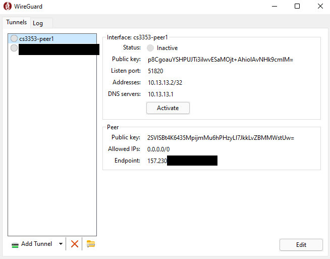 Screenshot of the Wireguard Client GUI